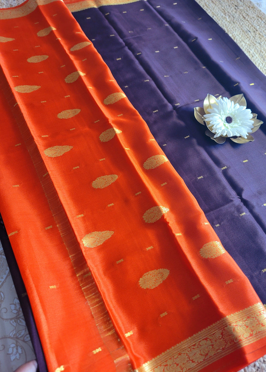 Dark Brown And Orange Pure Mysore Silk Saree - Karnataka