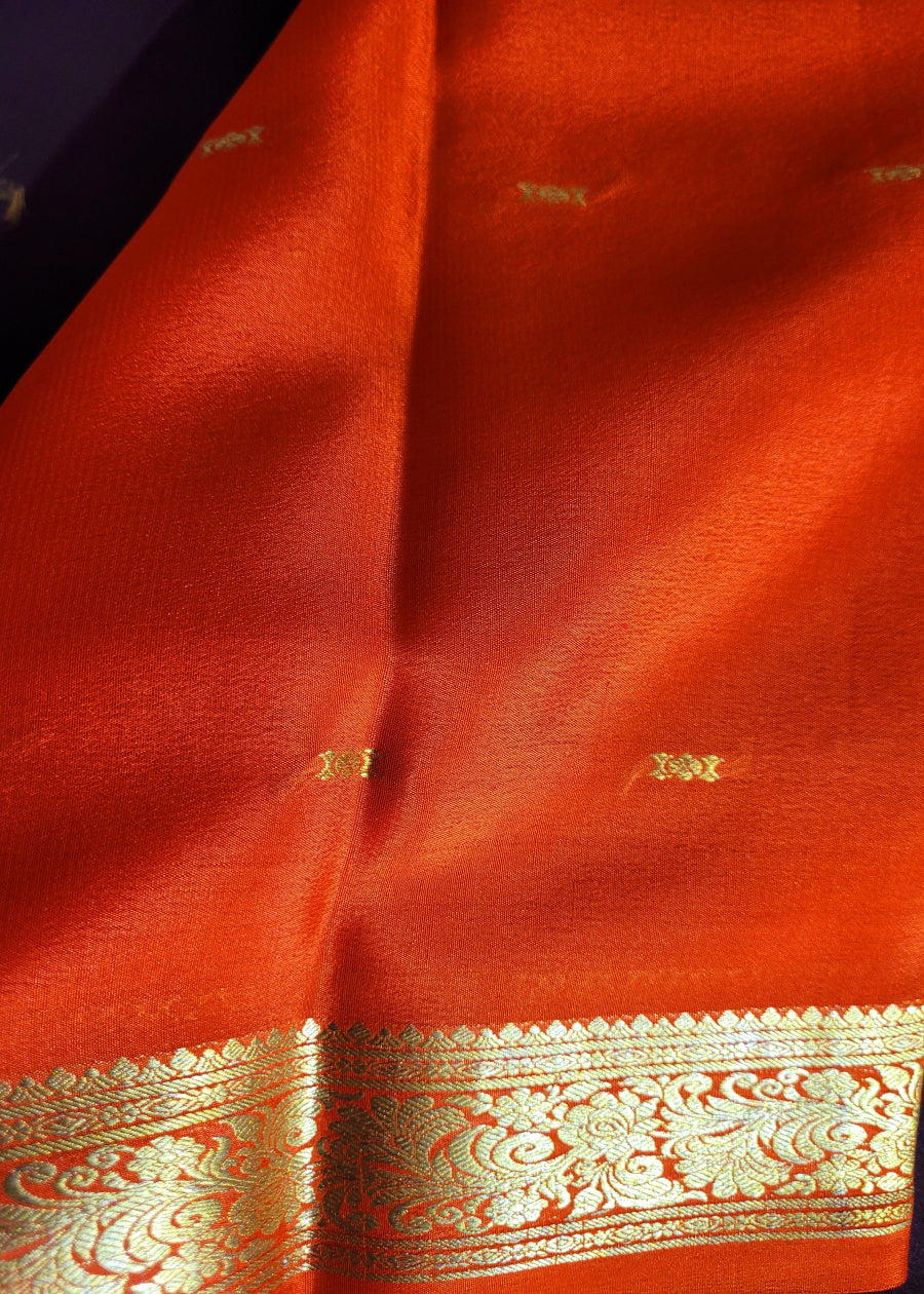 Dark Brown And Orange Pure Mysore Silk Saree - Karnataka