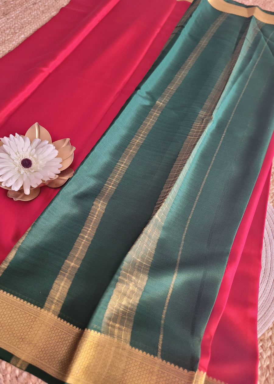Maroon And Green Pure Mysore Silk Saree - Karnataka