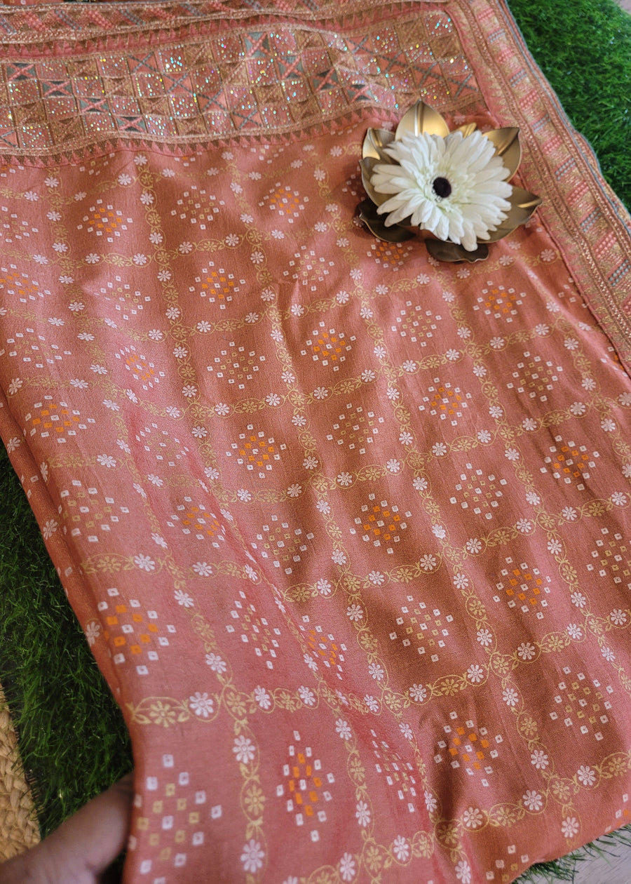 Diwali Special Light Peach Bandhni Saree