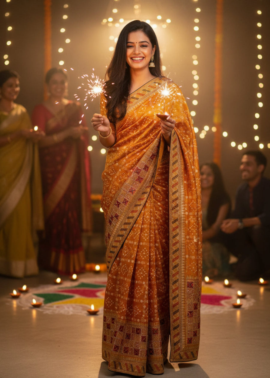 Diwali Special Yellow Bandhni Saree