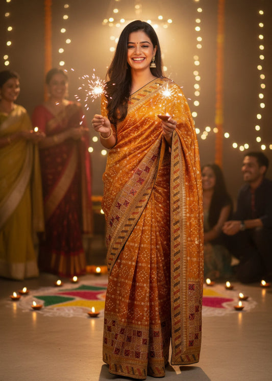 Diwali Special Yellow Bandhni Saree