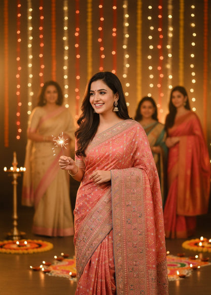 Diwali Special Light Peach Bandhni Saree