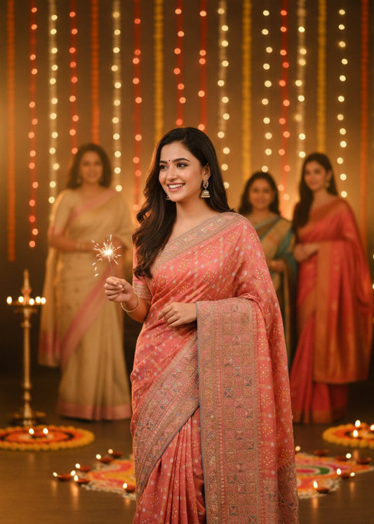 Diwali Special Light Peach Bandhni Saree