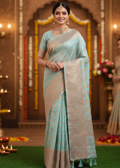 Light Turquoise Green Linen Cotton  Saree- Banaras