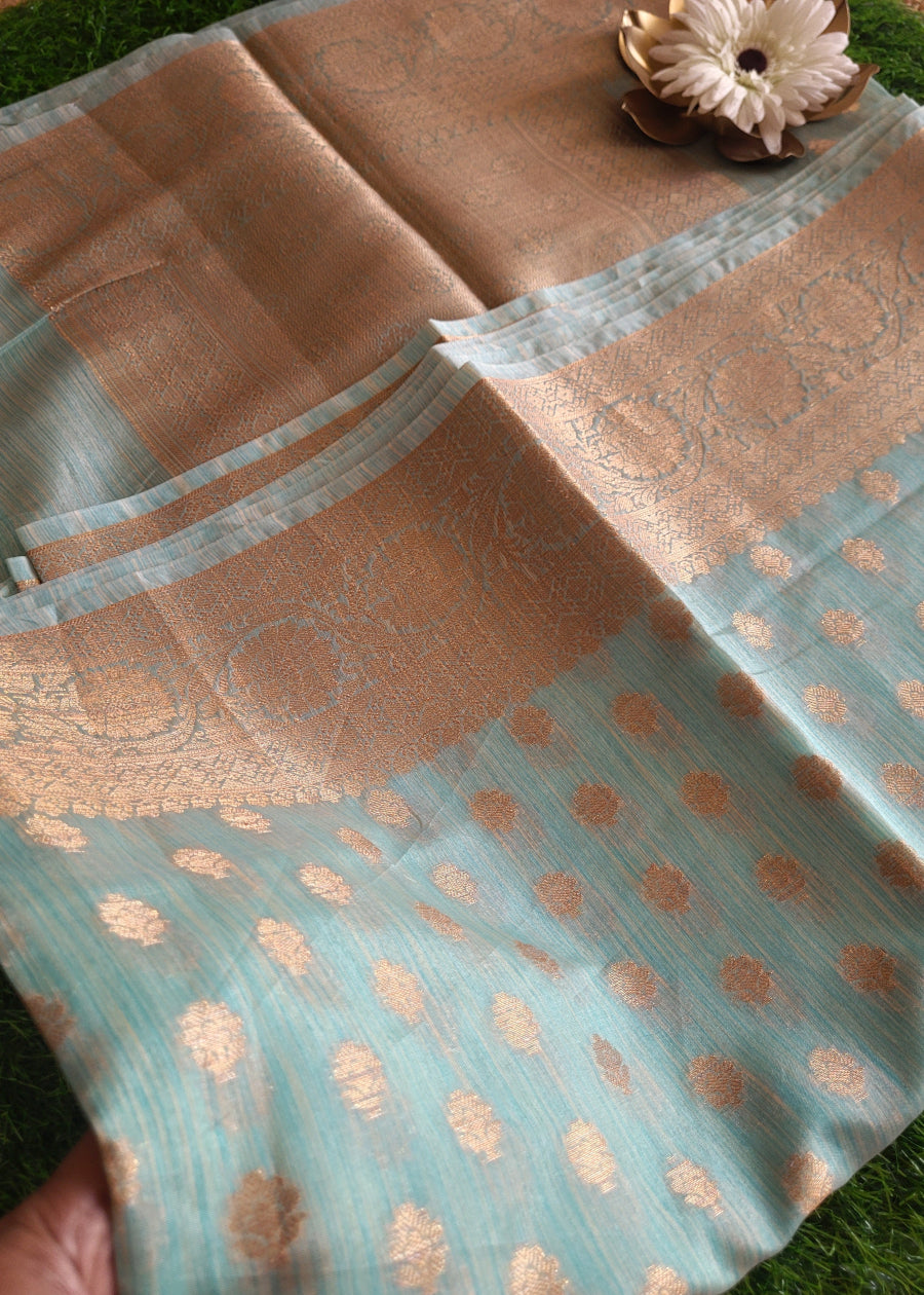 Light Turquoise Green Linen Cotton  Saree- Banaras