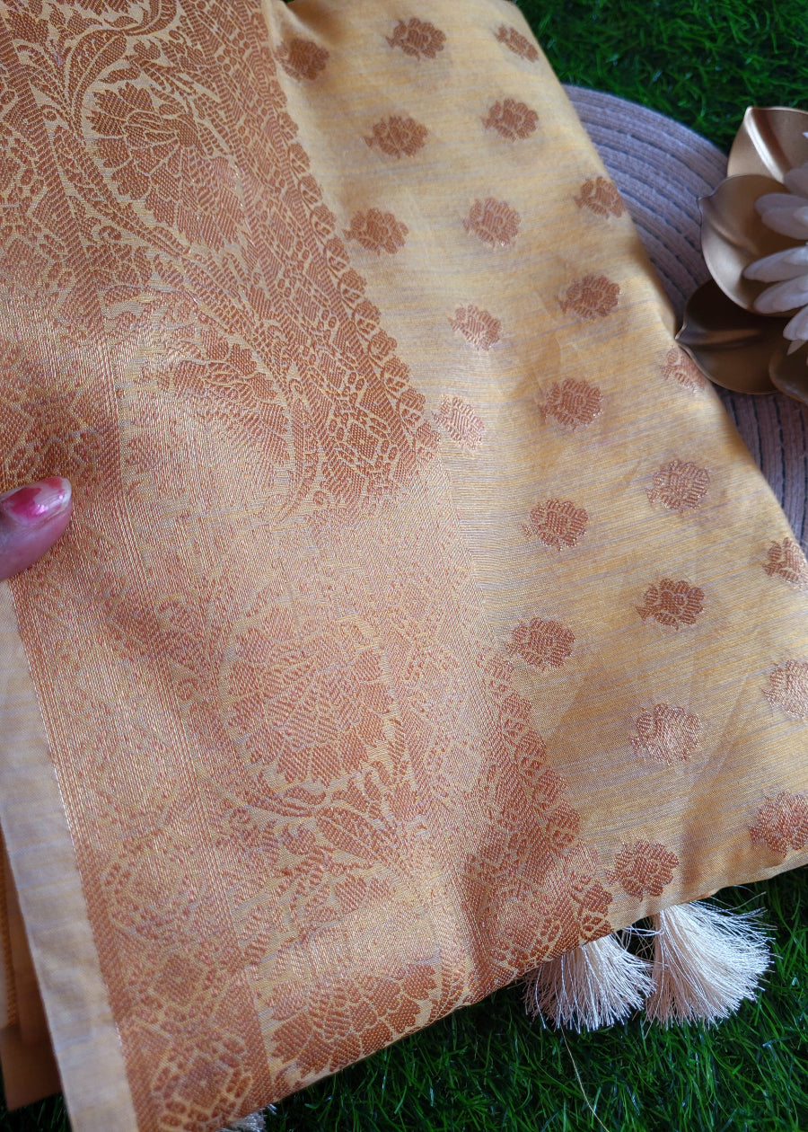 Light Yellow Linen Cotton Saree-Banaras