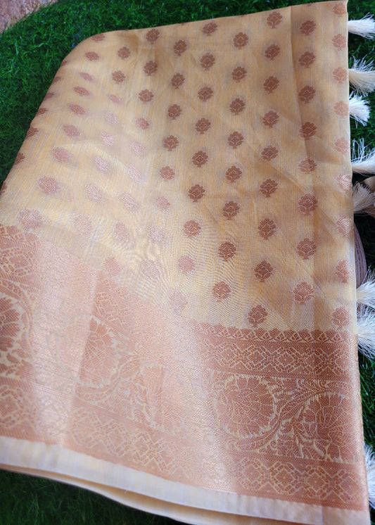 Light Yellow Linen Cotton Saree-Banaras