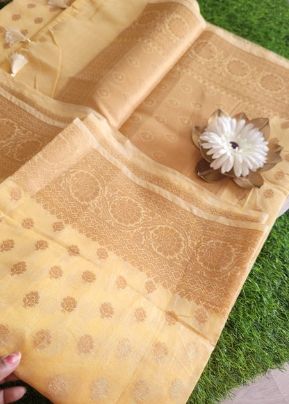 Light Yellow Linen Cotton Saree-Banaras