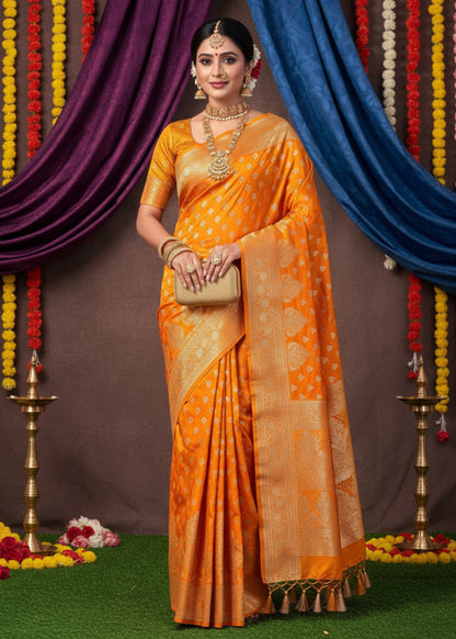 Orangish Yellow Satin Silk Saree- Banaras