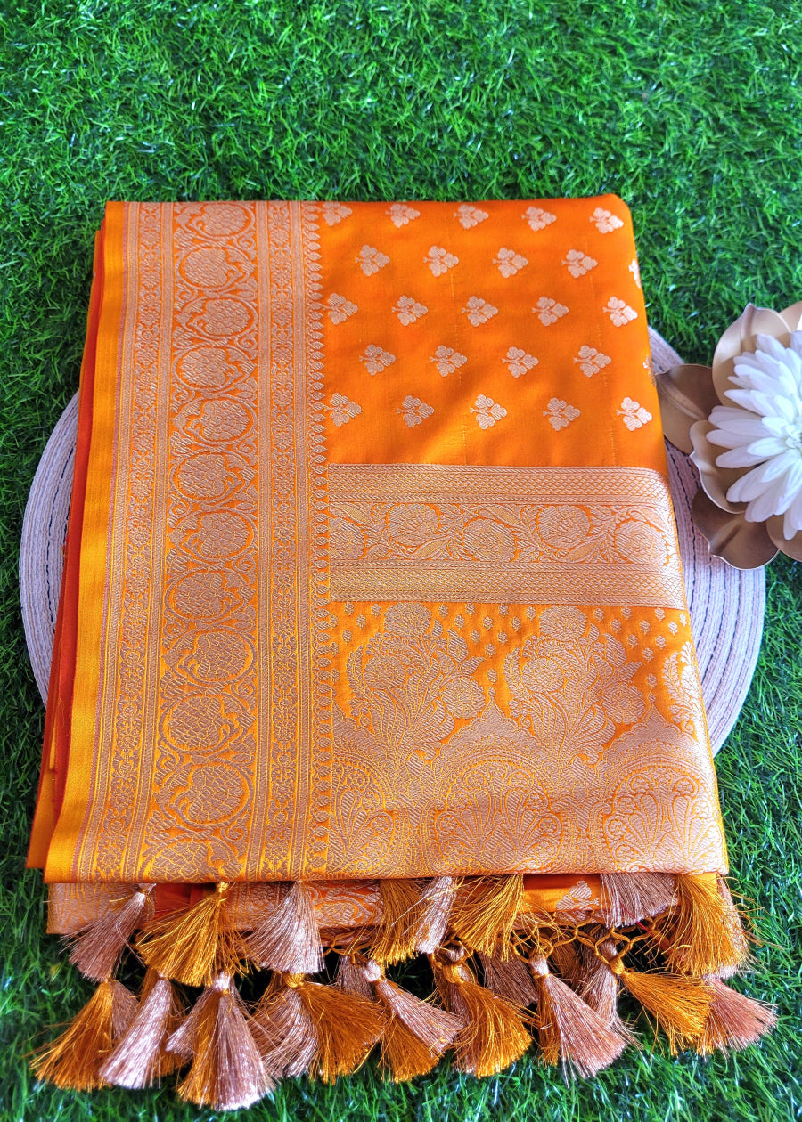 Orangish Yellow Satin Silk Saree- Banaras