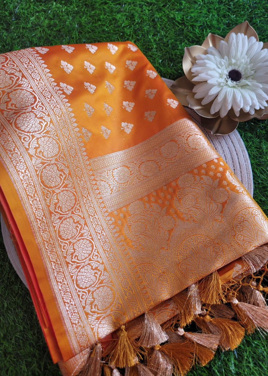 Orangish Yellow Satin Silk Saree- Banaras
