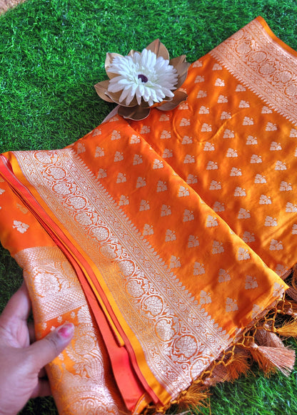 Orangish Yellow Satin Silk Saree- Banaras