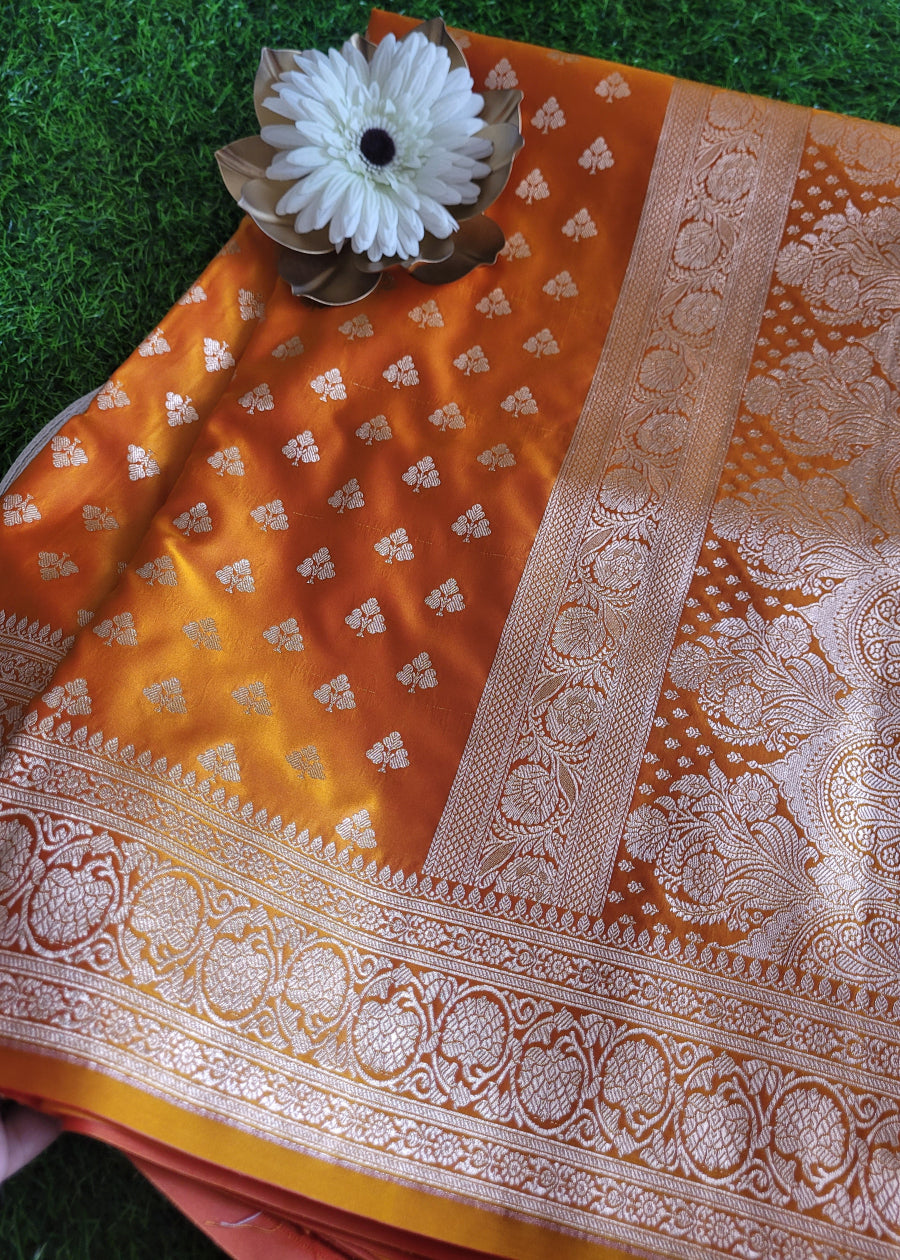 Orangish Yellow Satin Silk Saree- Banaras