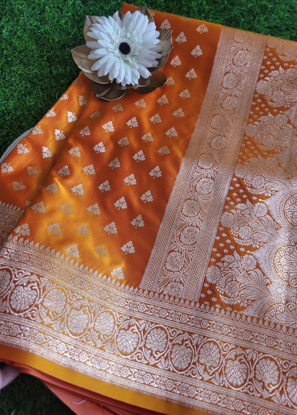 Orangish Yellow Satin Silk Saree- Banaras
