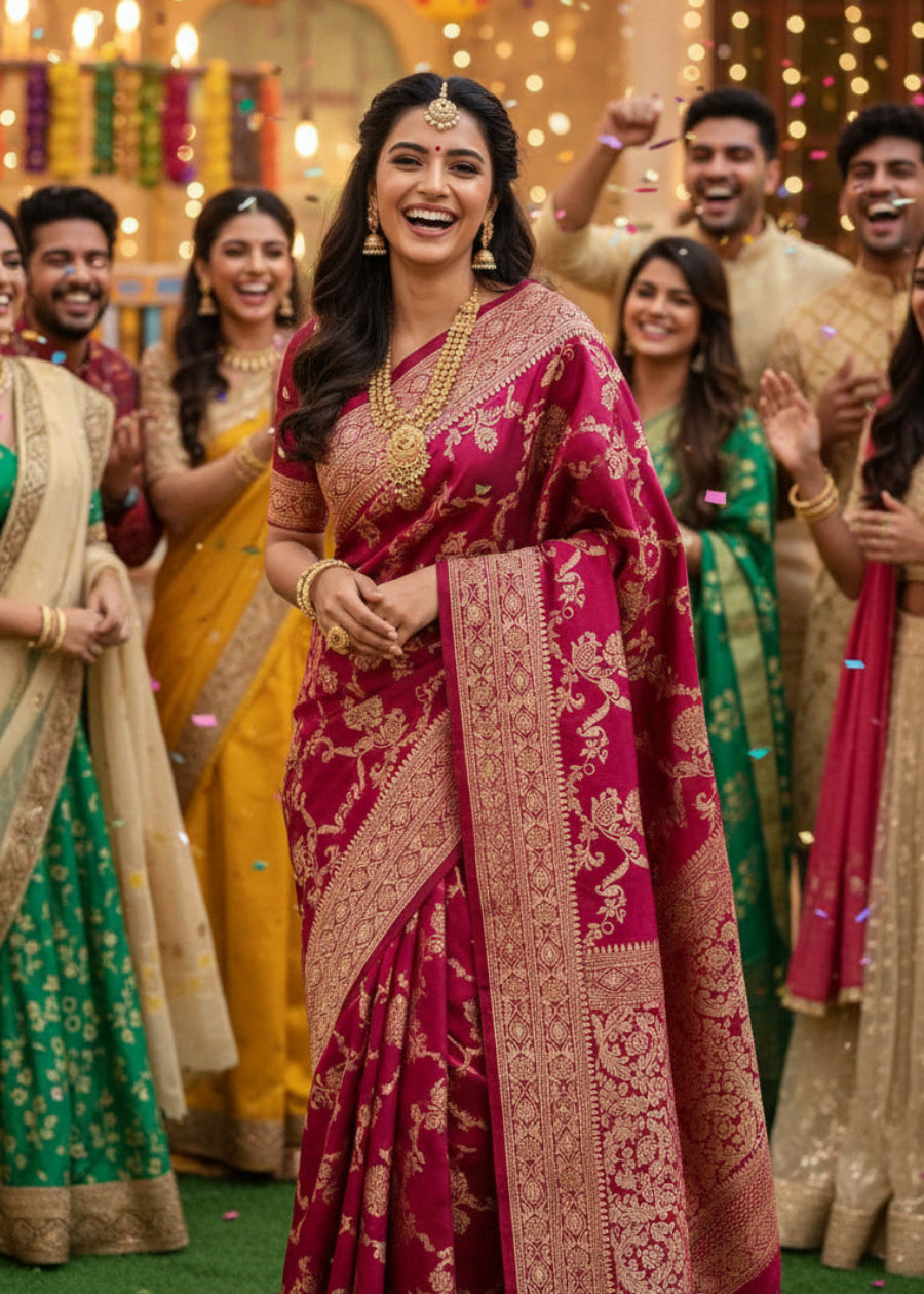 Deep Maroon Semi Dupion Silk Saree- Banaras