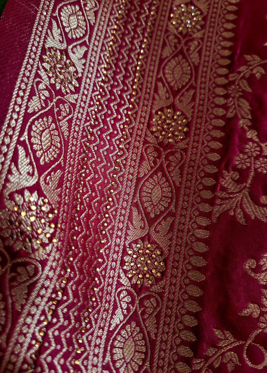 Deep Maroon Semi Dupion Silk Saree- Banaras