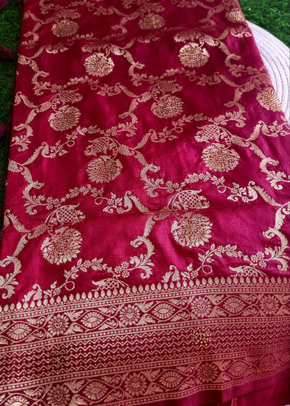 Deep Maroon Semi Dupion Silk Saree- Banaras