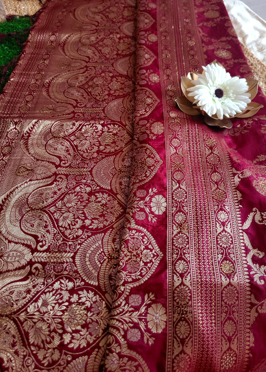 Deep Maroon Semi Dupion Silk Saree- Banaras
