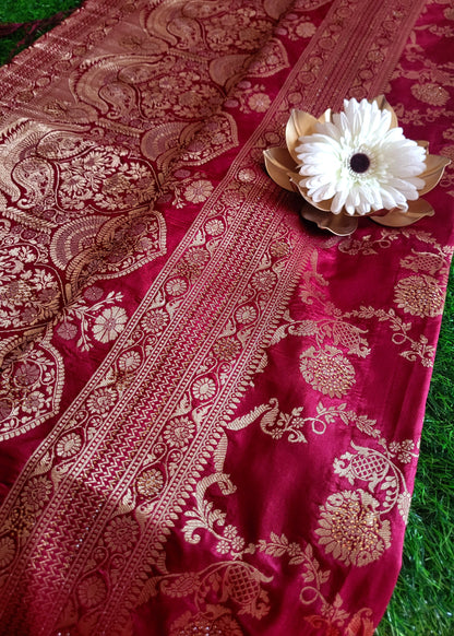 Deep Maroon Semi Dupion Silk Saree- Banaras