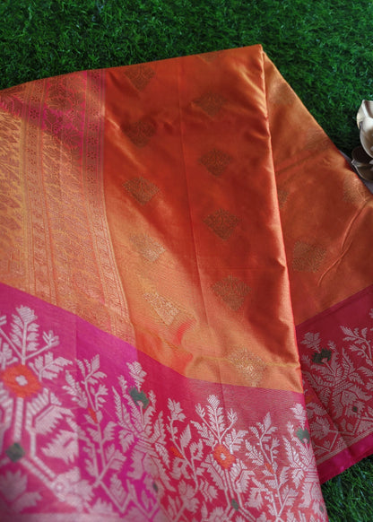 Orange and Pink Dual Tone Semi Silk Saree- Banaras