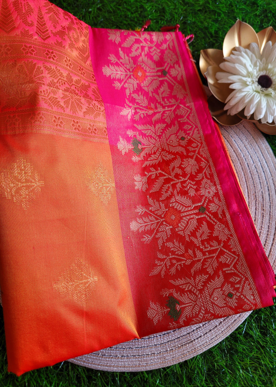 Orange and Pink Dual Tone Semi Silk Saree- Banaras