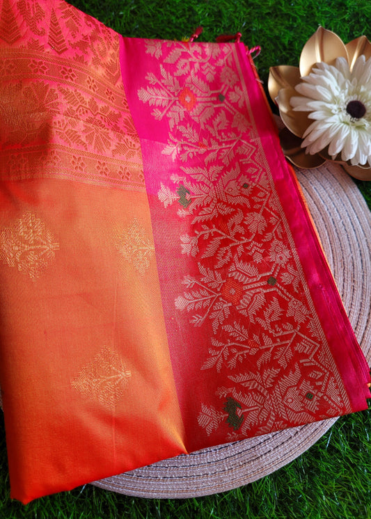 Orange and Pink Dual Tone Semi Silk Saree- Banaras