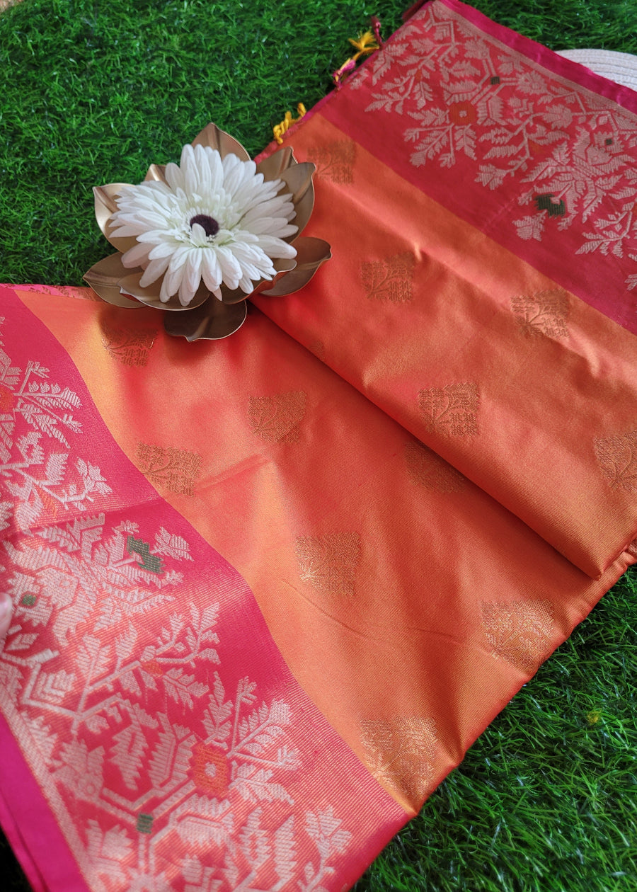 Orange and Pink Dual Tone Semi Silk Saree- Banaras