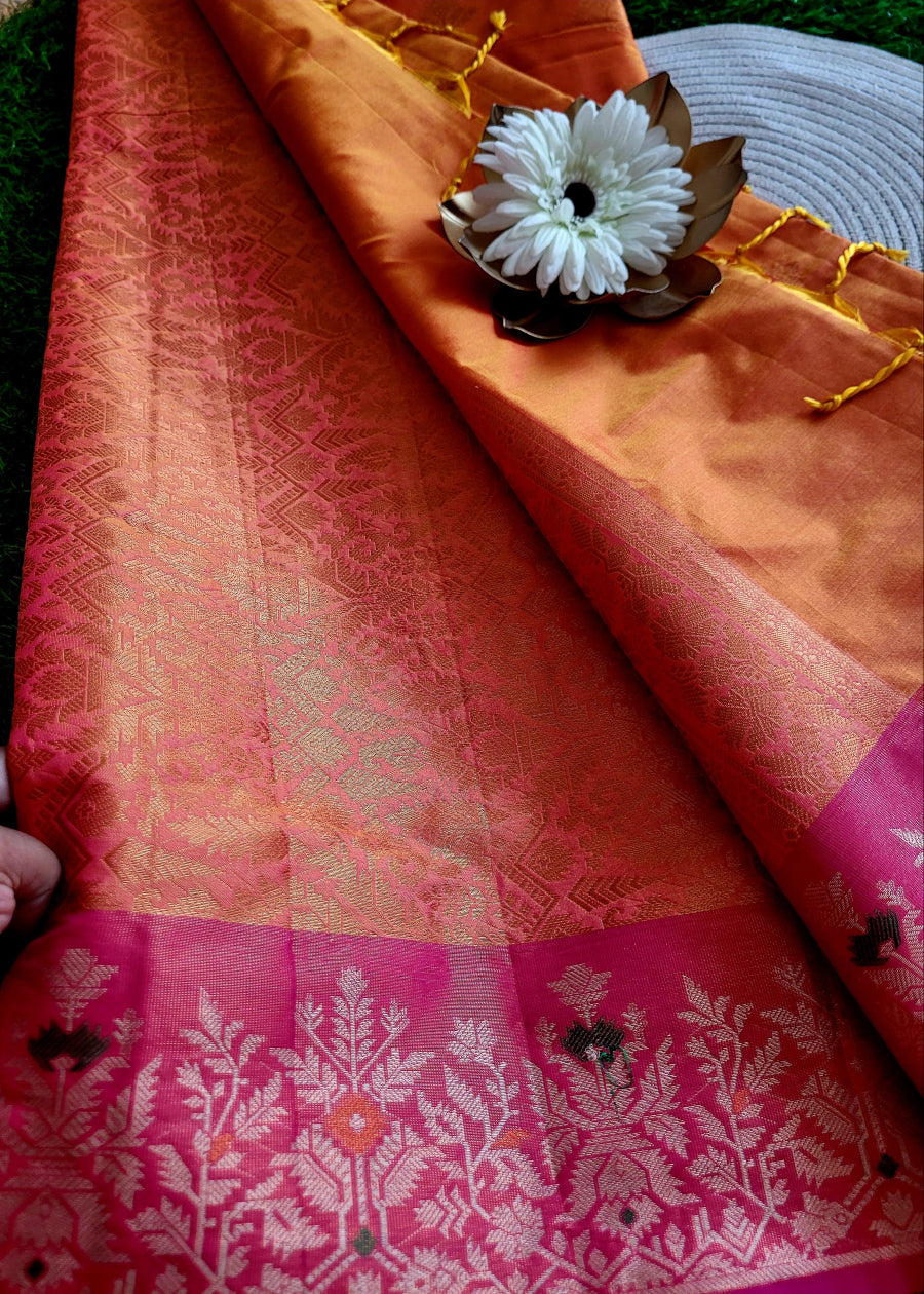 Orange and Pink Dual Tone Semi Silk Saree- Banaras