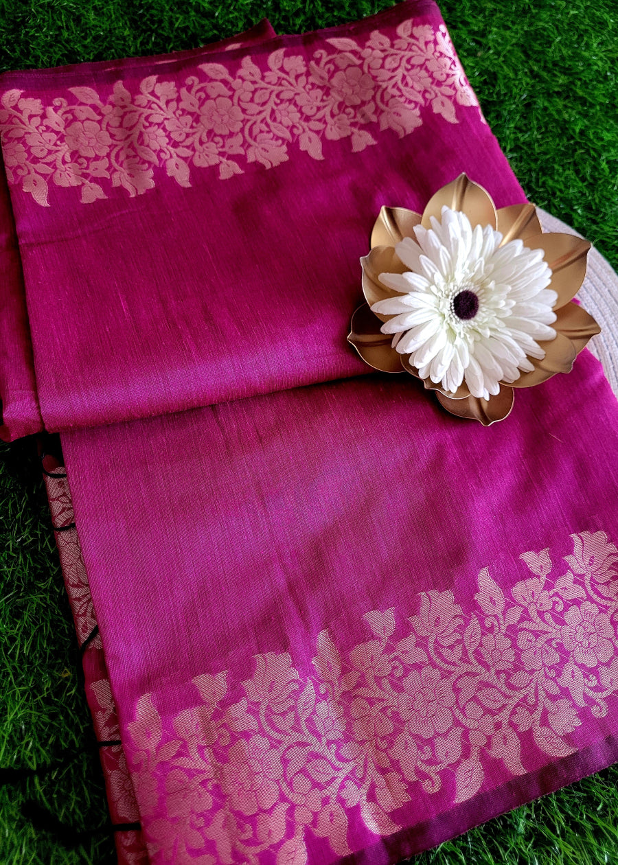 Purplish Pink Linen Cotton Saree- Banaras