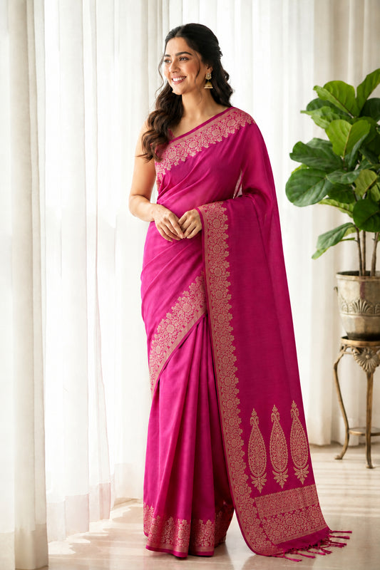 Purplish Pink Linen Cotton Saree- Banaras
