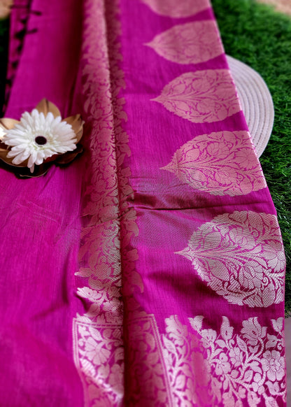 Purplish Pink Linen Cotton Saree- Banaras