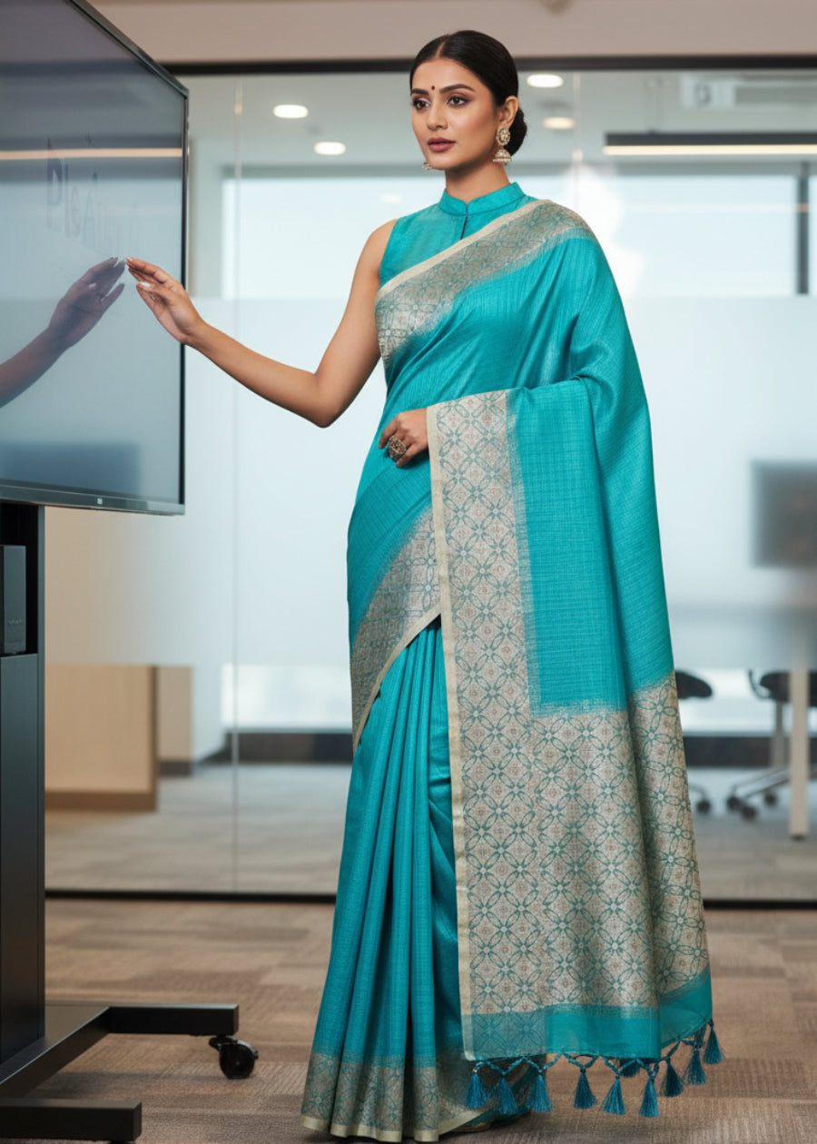 Turquoise Blue Banarasee Kota Saree- Banaras