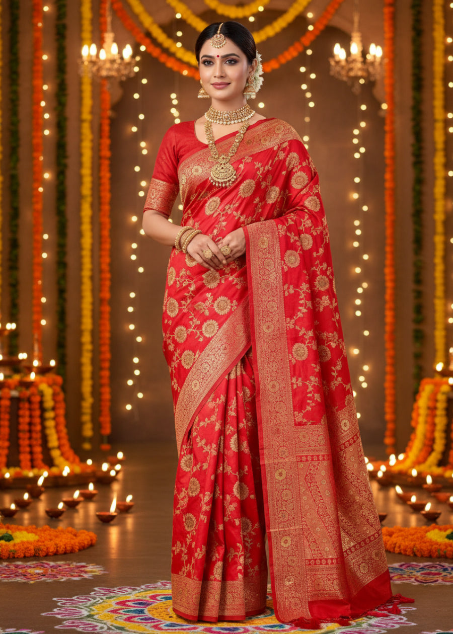 Bright Red Jal Design Dupion Silk Saree- Banaras