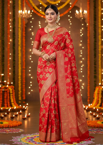 Bright Red Jal Design Dupion Silk Saree- Banaras