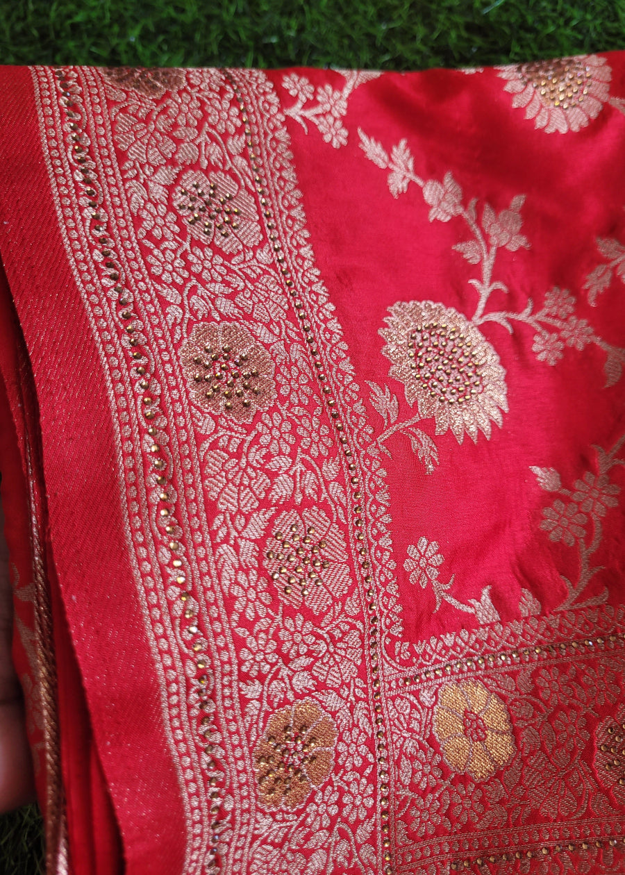 Bright Red Jal Design Dupion Silk Saree- Banaras