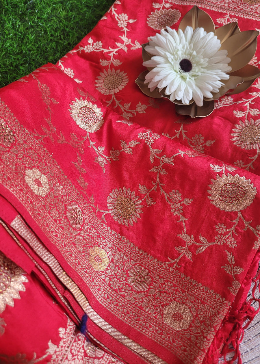 Bright Red Jal Design Dupion Silk Saree- Banaras