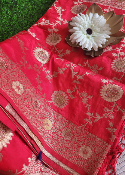 Bright Red Jal Design Dupion Silk Saree- Banaras