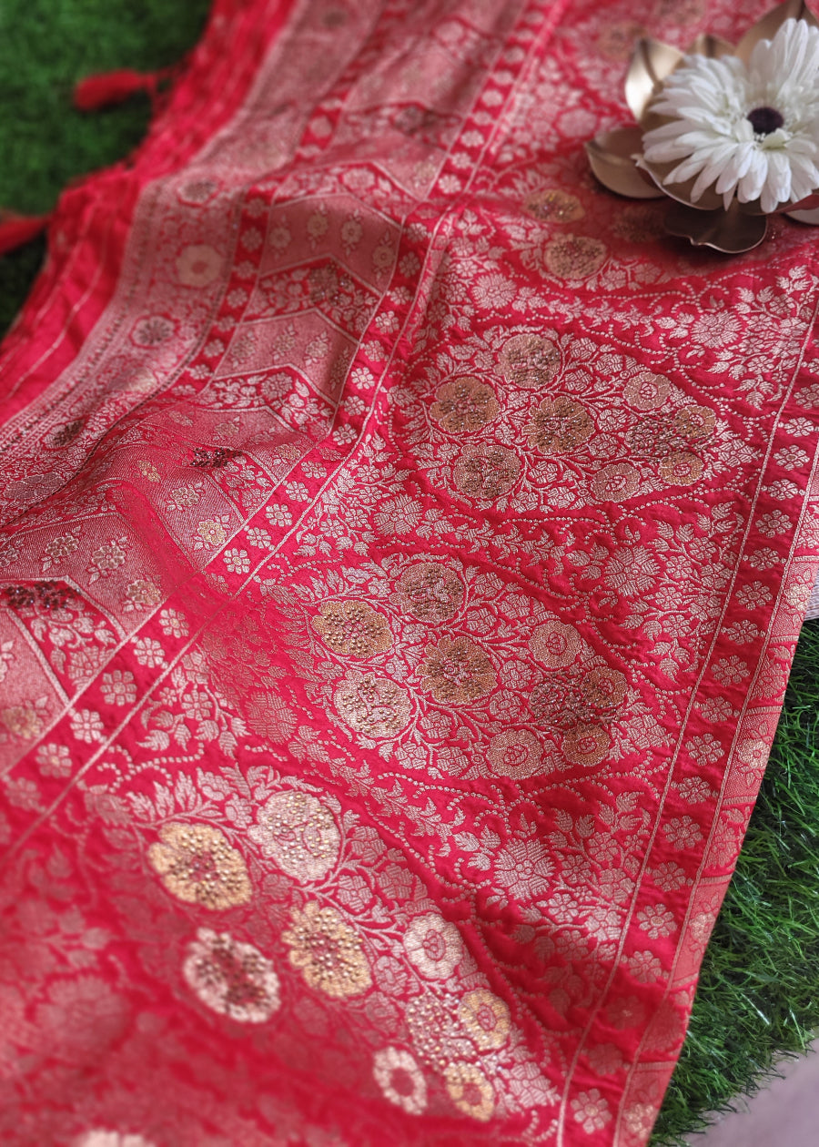 Bright Red Jal Design Dupion Silk Saree- Banaras