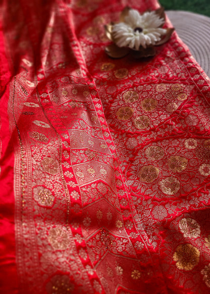 Bright Red Jal Design Dupion Silk Saree- Banaras