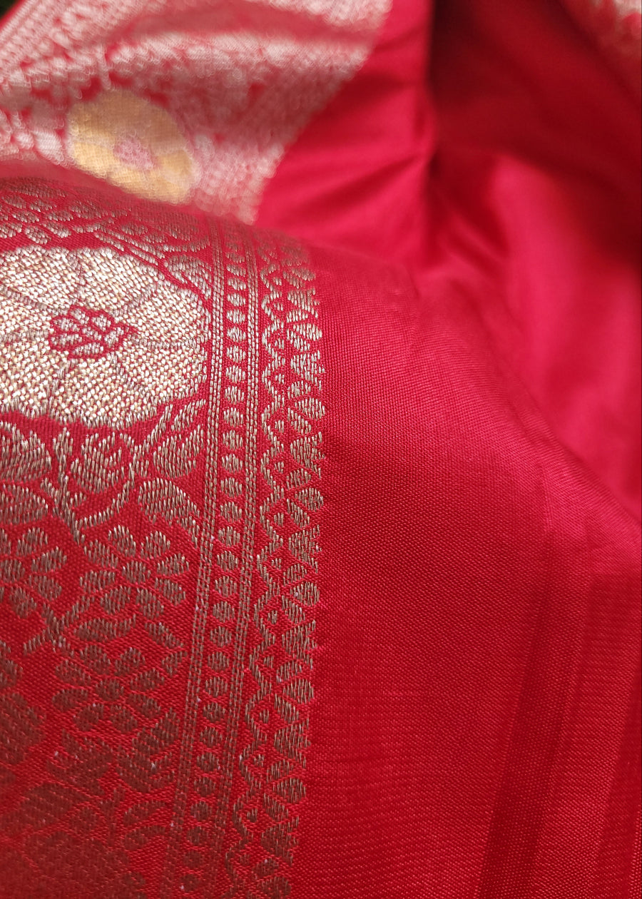 Bright Red Jal Design Dupion Silk Saree- Banaras