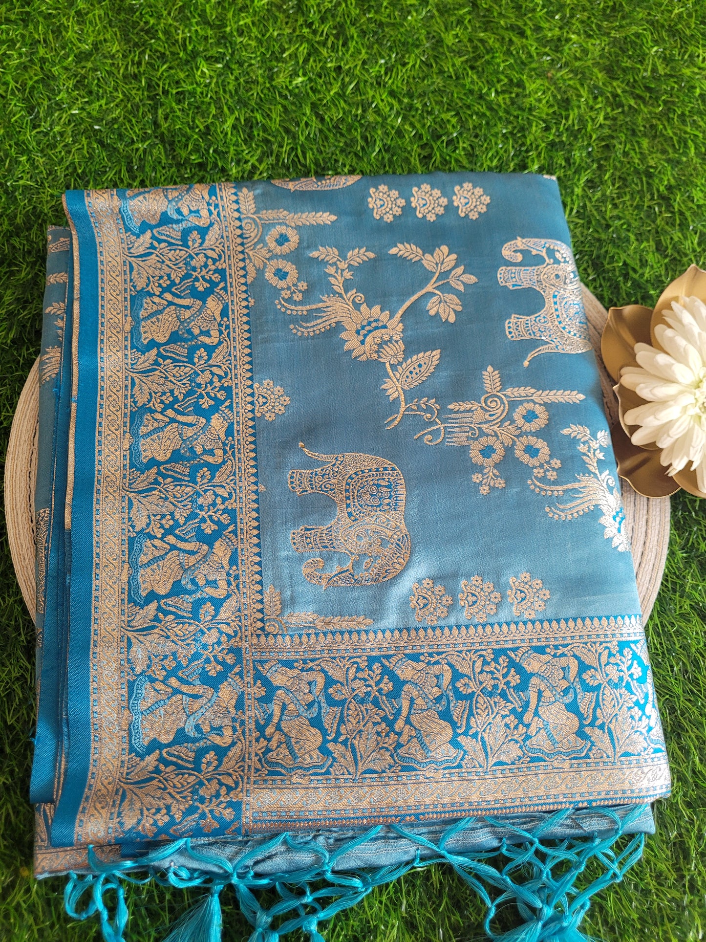 Sky Blue Semi Satin Silk Saree- Banaras