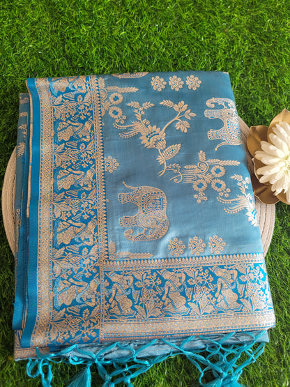 Sky Blue Semi Satin Silk Saree- Banaras