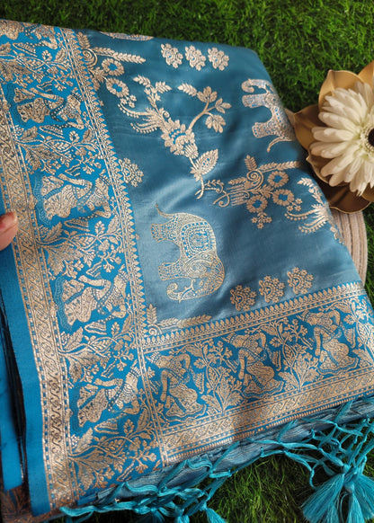 Sky Blue Semi Satin Silk Saree- Banaras