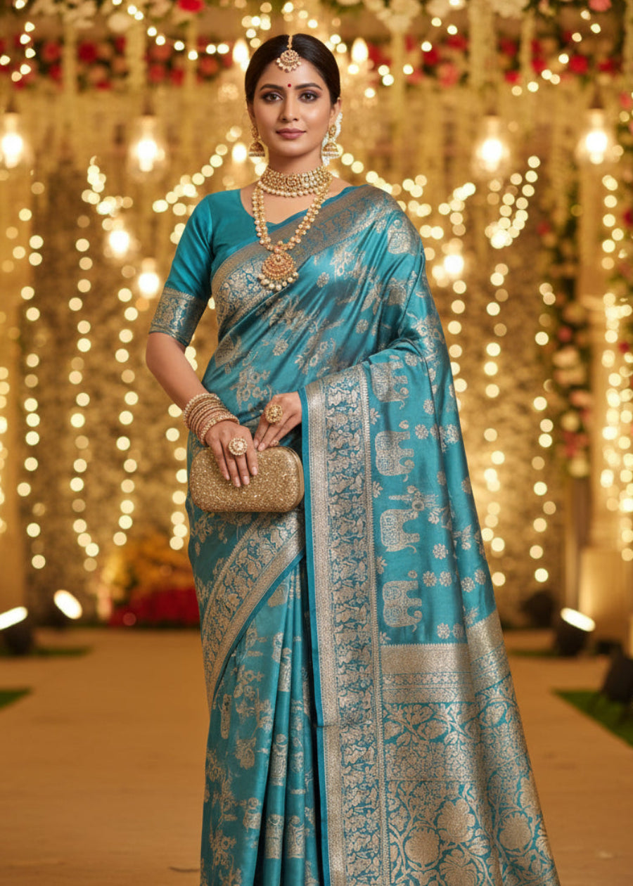 Sky Blue Semi Satin Silk Saree- Banaras