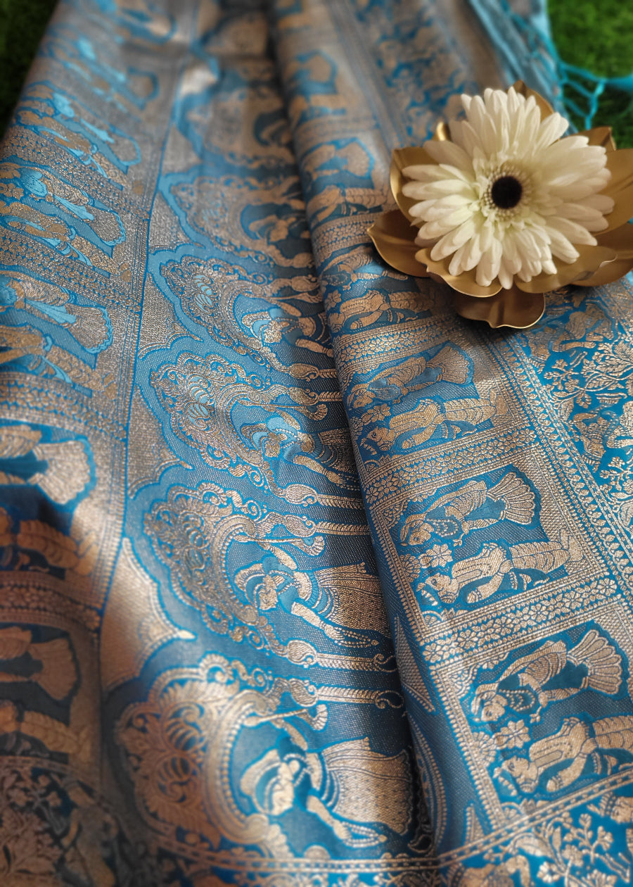 Sky Blue Semi Satin Silk Saree- Banaras