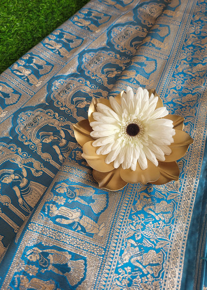 Sky Blue Semi Satin Silk Saree- Banaras