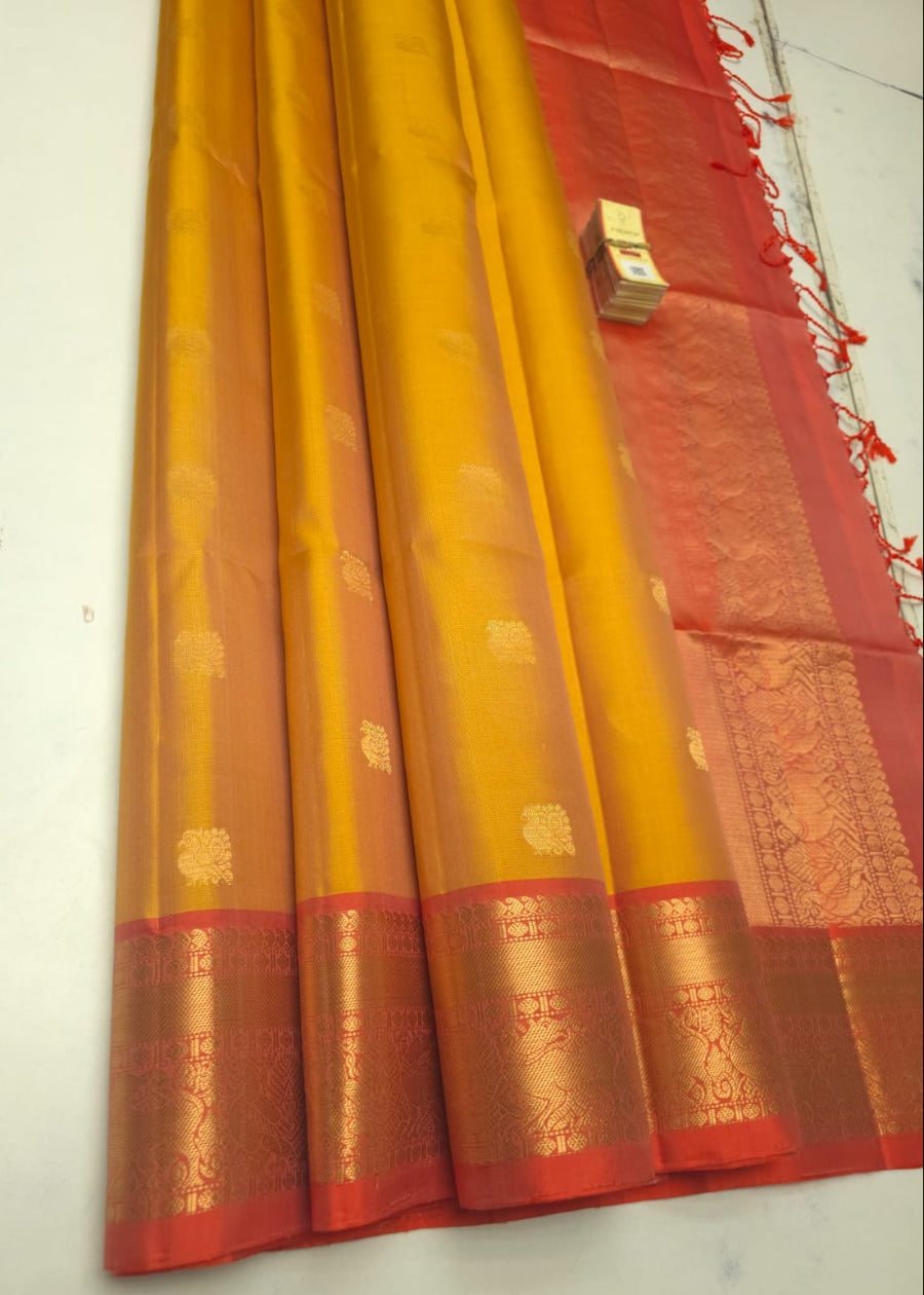 Yellow and Peach Kanchipuram Silk Saree- TN