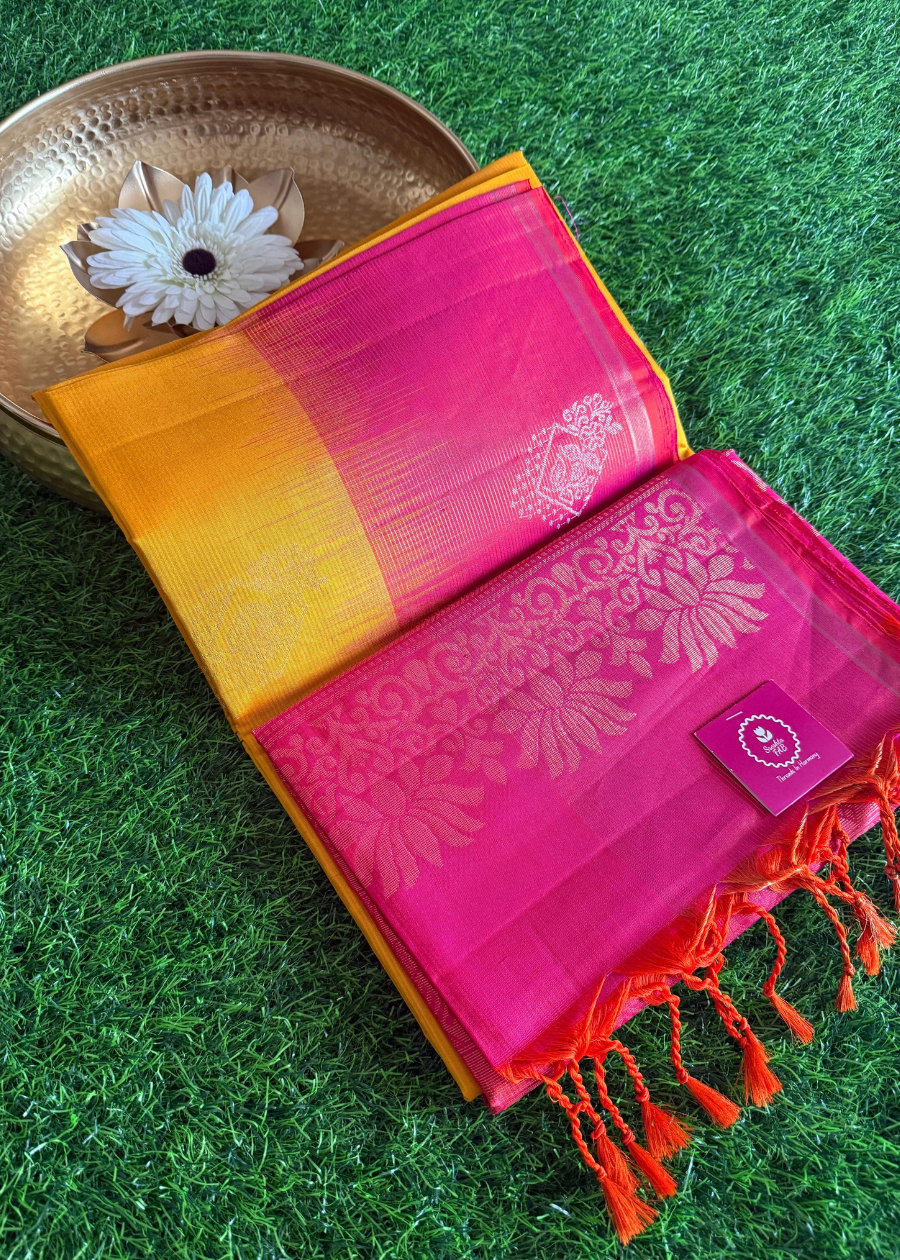 Turmeric Yellow And Dual Tone Pink Pure Kancheepuram Silk Saree- TN