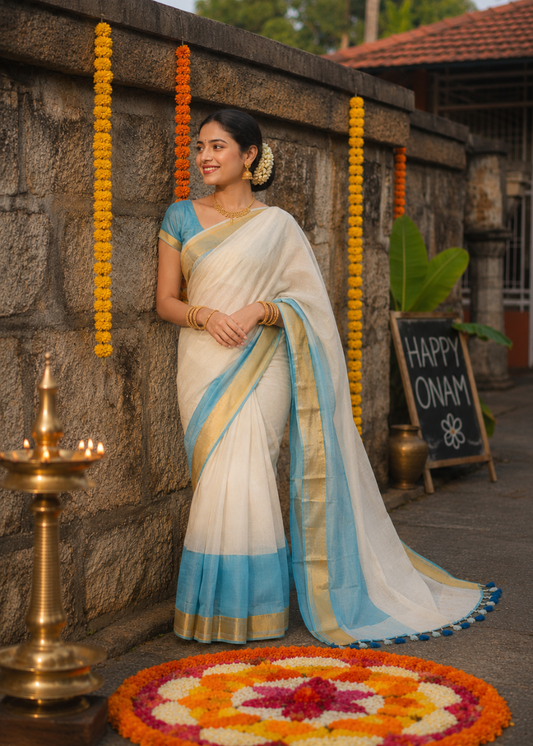 Mul Cotton Saree In Beige and Blue Colour- Kerala